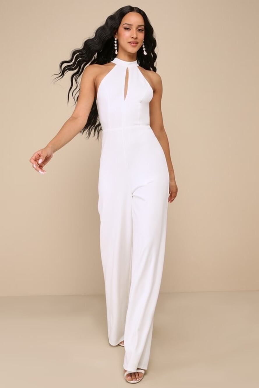 NWT Lulus Striking Elegance White Cutout Backless Halter Jumpsuit Elegant Sz S